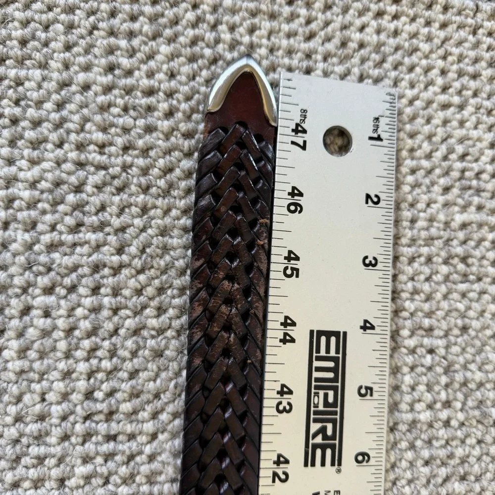 Mens Dark Brown Woven Braided Leather Belt Silver Buckle Metal Tip Size 40